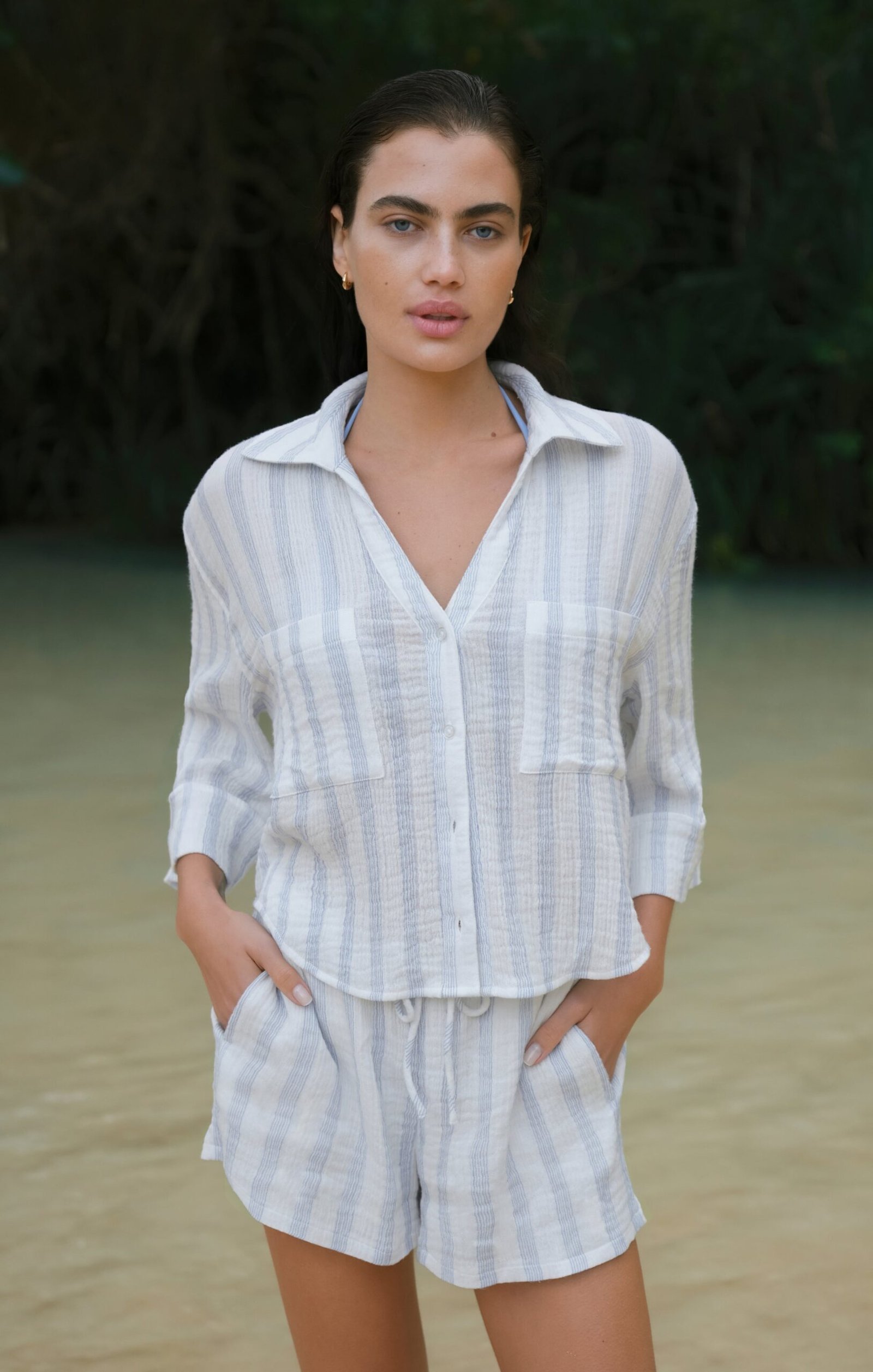 imrds-29324 Helena Striped Airy Gauze Button Up - Image 1